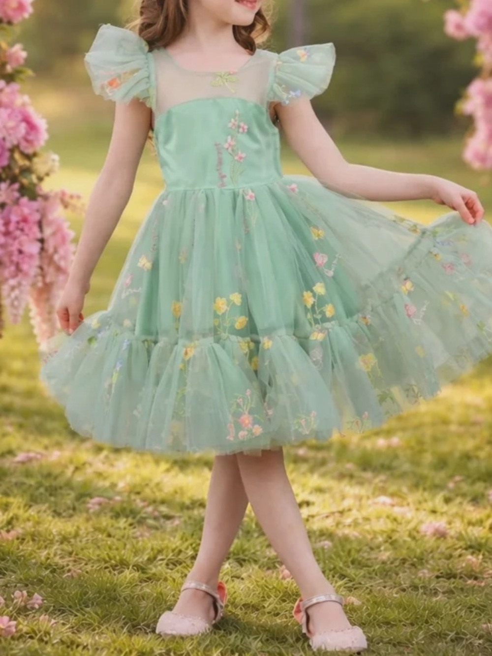Girl’s Sage Green Embroidered Floral Tulle Whimsical Party Fairy Princess Dress
